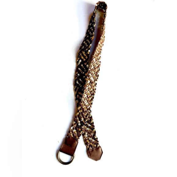 Vintage Y2K Brown Braided Gold Sequins Wide D Ring Belt - Picture 5 of 7